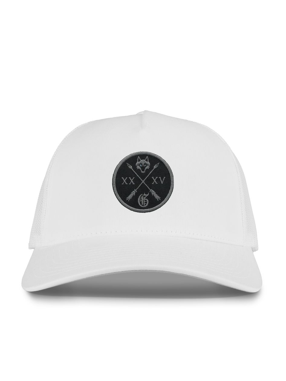 Arctic White Members Only Trucker Hat - Front View with Wolf Patch | Greyson Clothiers