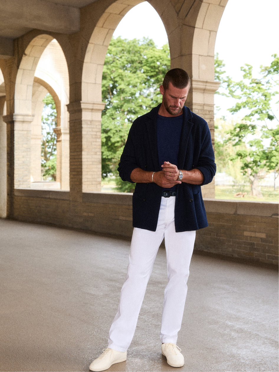 Navy Knit Double-Breasted Blazer with White Trousers - Full Length Styled Look | Greyson Clothiers