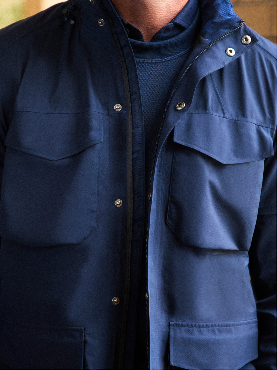 Navy Technical Field Jacket Snap Placket & Chest Pocket Detail - Close Up | Greyson Clothiers