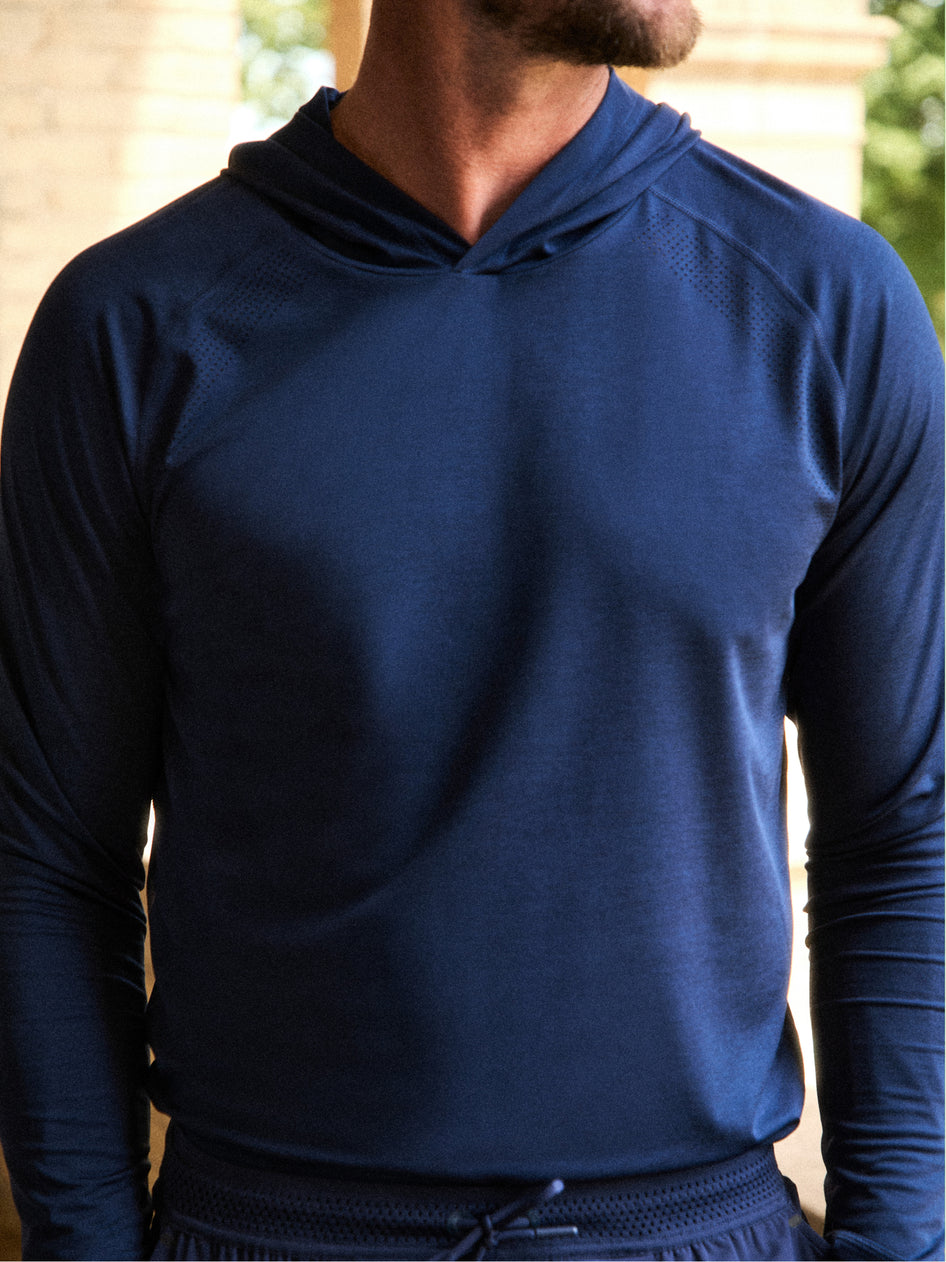 Navy Performance Hooded Long-Sleeve Top - Front Detail Close-Up | Greyson Clothiers