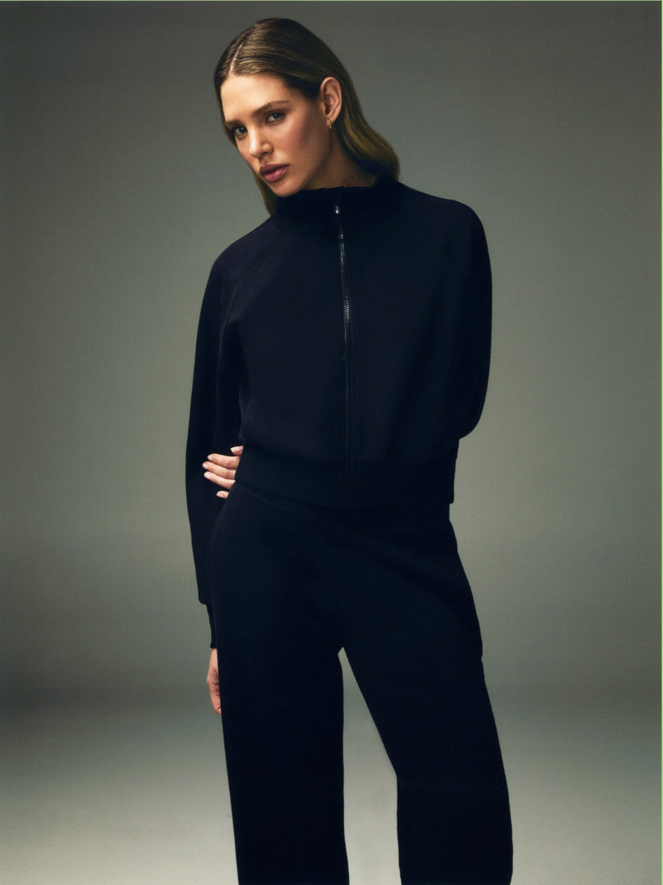 Black Women's Full-Zip Cropped Midlayer & Wide-Leg Pants - Front Detail View | Greyson Clothiers