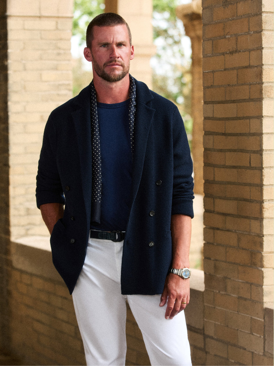Navy Knit Blazer with Polka Dot Scarf and White Trousers - Men's Luxury Summer Look | Greyson Clothiers