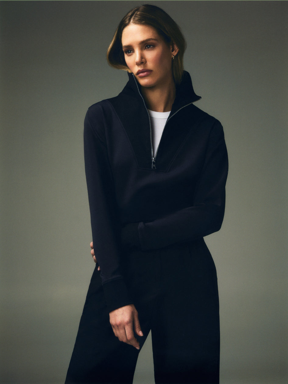 Black Women's Quarter-Zip Pullover & Wide-Leg Trouser Essentials Look - Front On Model | Greyson Clothiers