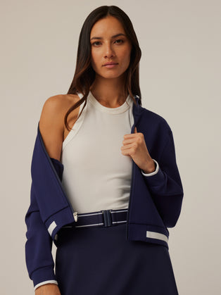 Greyson Clothiers Drea Varsity Bomber Jacket in Maltese Blue - Front Close-Up, Contrast Stripe Hem