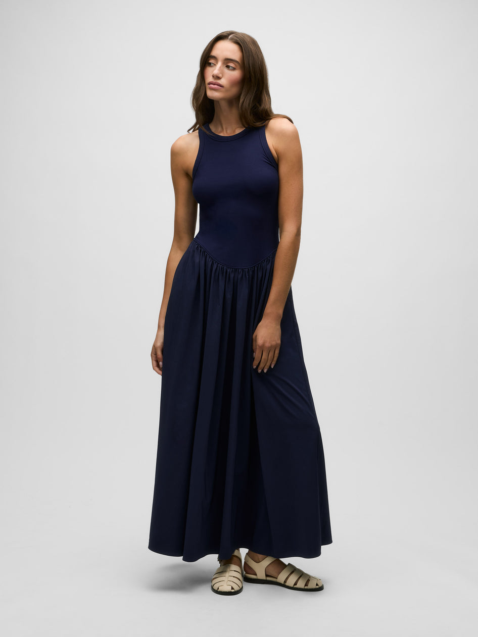 Maltese Blue Ashe Dress Gathered Skirt Detail - Three-Quarter View On Model | Greyson Clothiers