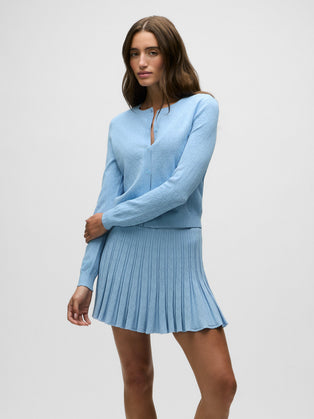Maltese Blue Women's Pointelle Cardigan - Three-Quarter View On Model | Greyson Clothiers
