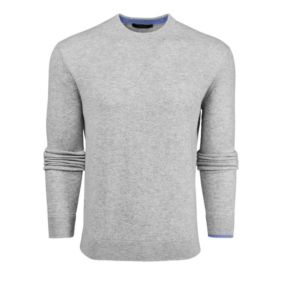Light Grey Heather Tomahawk Cashmere Crewneck Sweater - Blue Contrast Trim, Front View | Greyson Clothiers
