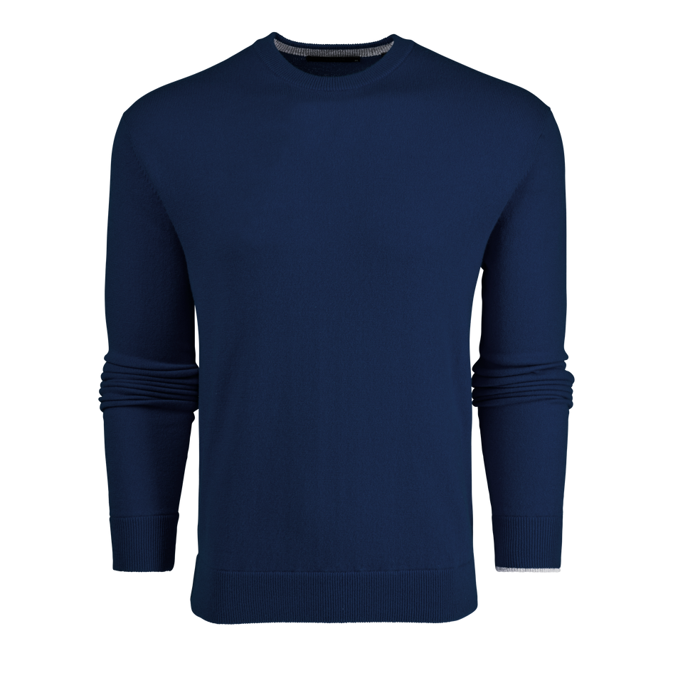Navy Knit Crewneck Sweater - Front View, Grey Contrast Trim, Premium Men's Golf Midlayer | Greyson Clothiers