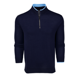 Wolf Blue Navy Merino Wool Saratoga Quarter-Zip Sweater - Front View, Sky Blue Tipping | Greyson Clothiers