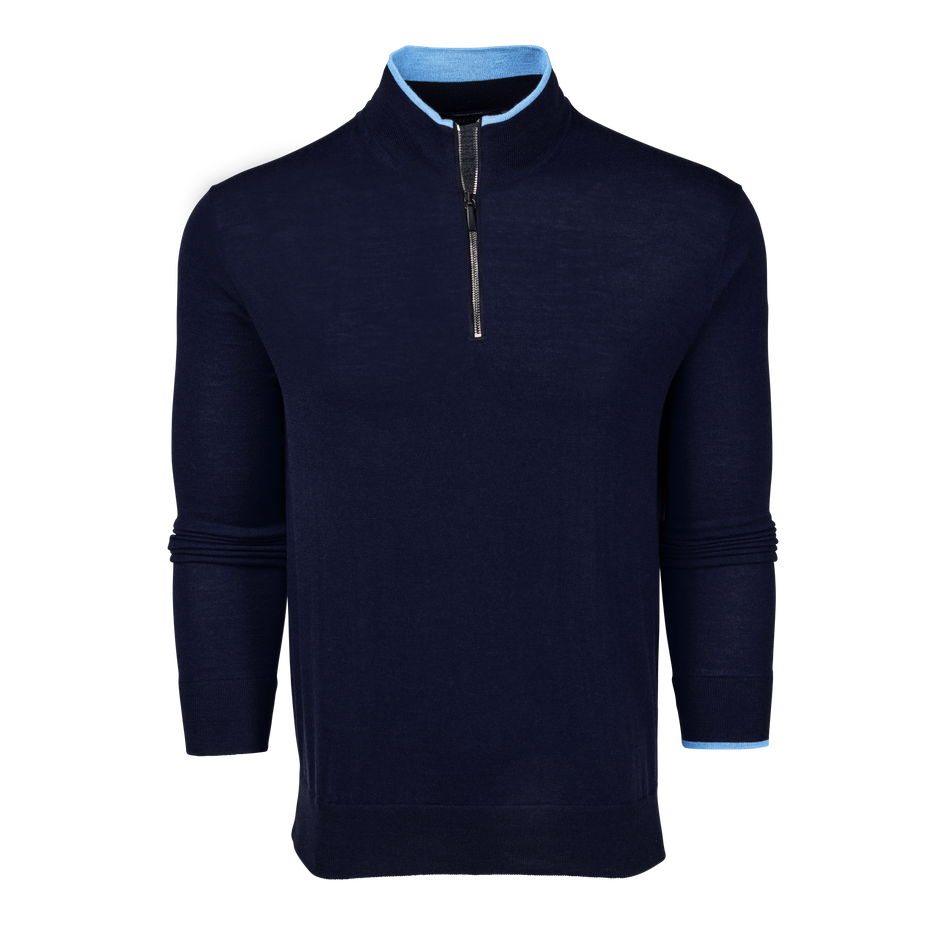 Wolf Blue Navy Merino Wool Saratoga Quarter-Zip Sweater - Front View, Sky Blue Tipping | Greyson Clothiers