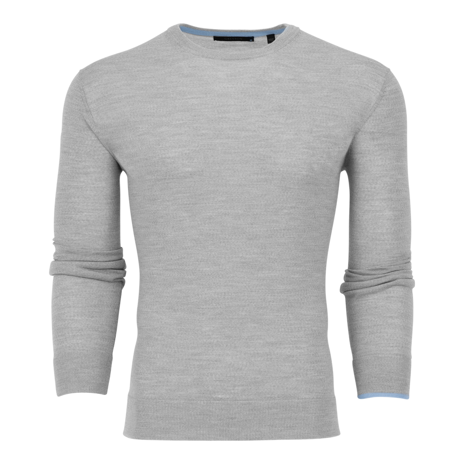 Heather Grey Saratoga Crewneck Sweater with Light Blue Tipping - Front View | Greyson Clothiers