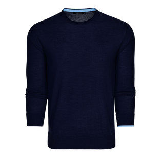 Maltese Blue Merino Wool Saratoga Crewneck Sweater with Light Blue Tipping - Front View | Greyson Clothiers