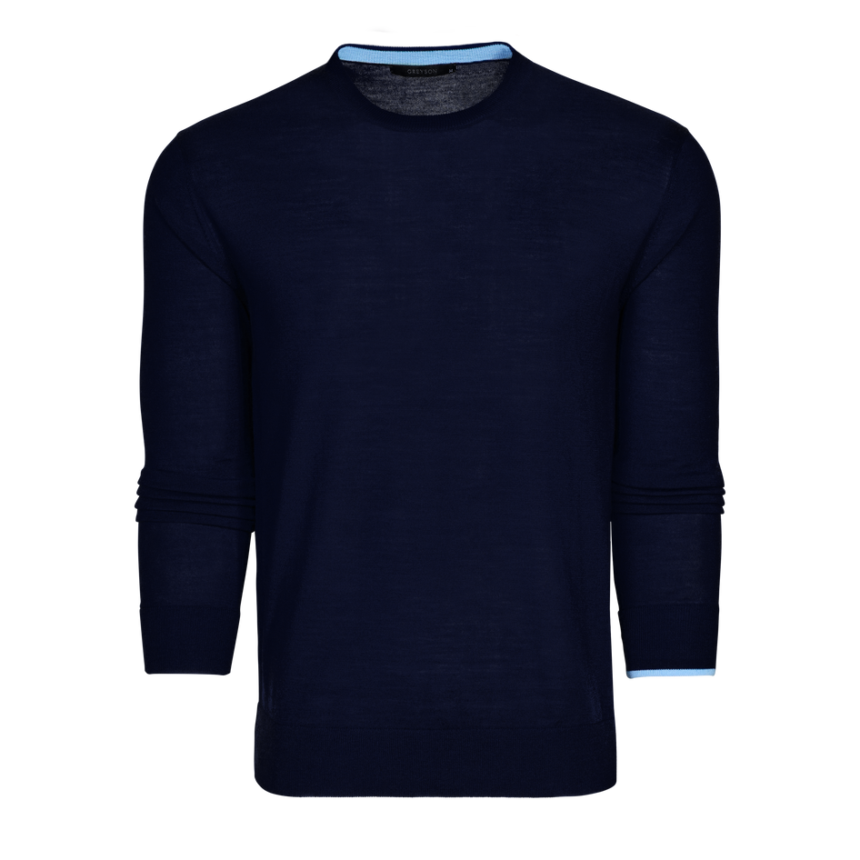 Maltese Blue Merino Wool Saratoga Crewneck Sweater with Light Blue Tipping - Front View | Greyson Clothiers