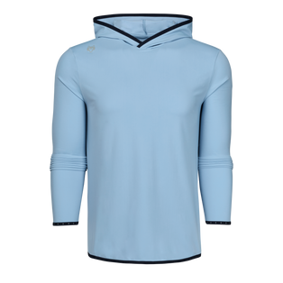 Light Blue Colorado Performance Golf Hoodie - Navy Contrast Trim, Wolf Logo, Front View | Greyson Clothiers