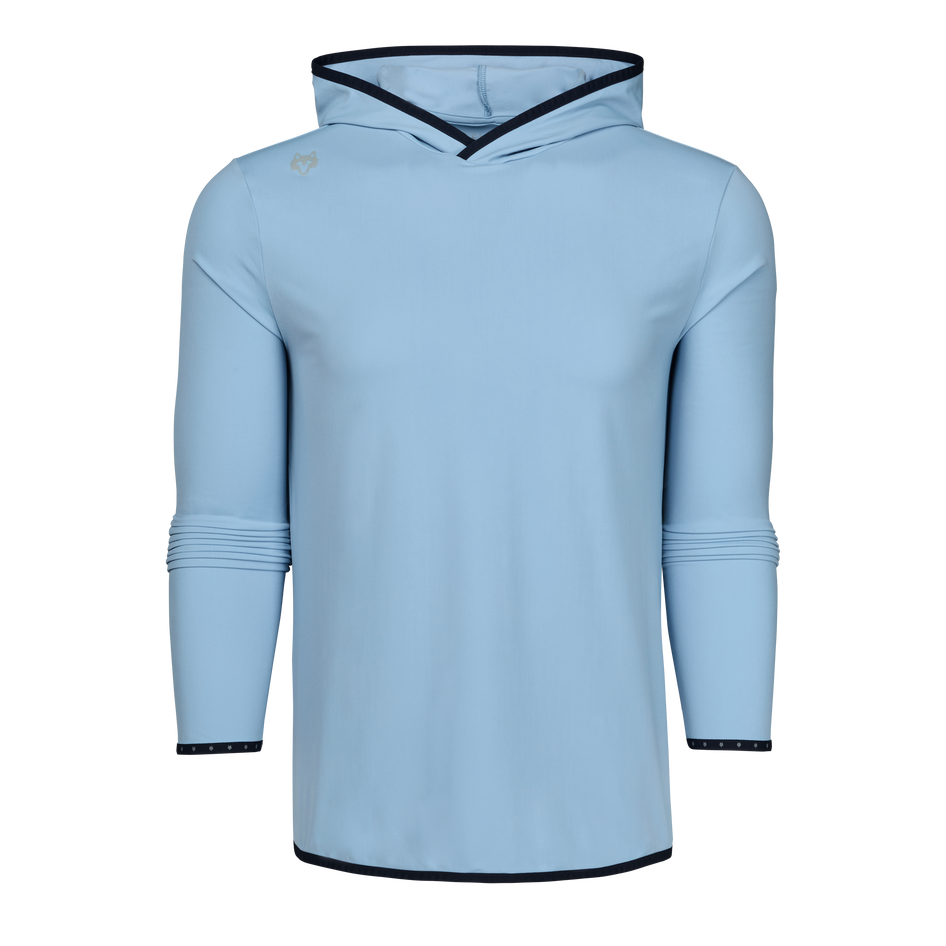 Light Blue Colorado Performance Golf Hoodie - Navy Contrast Trim, Wolf Logo, Front View | Greyson Clothiers