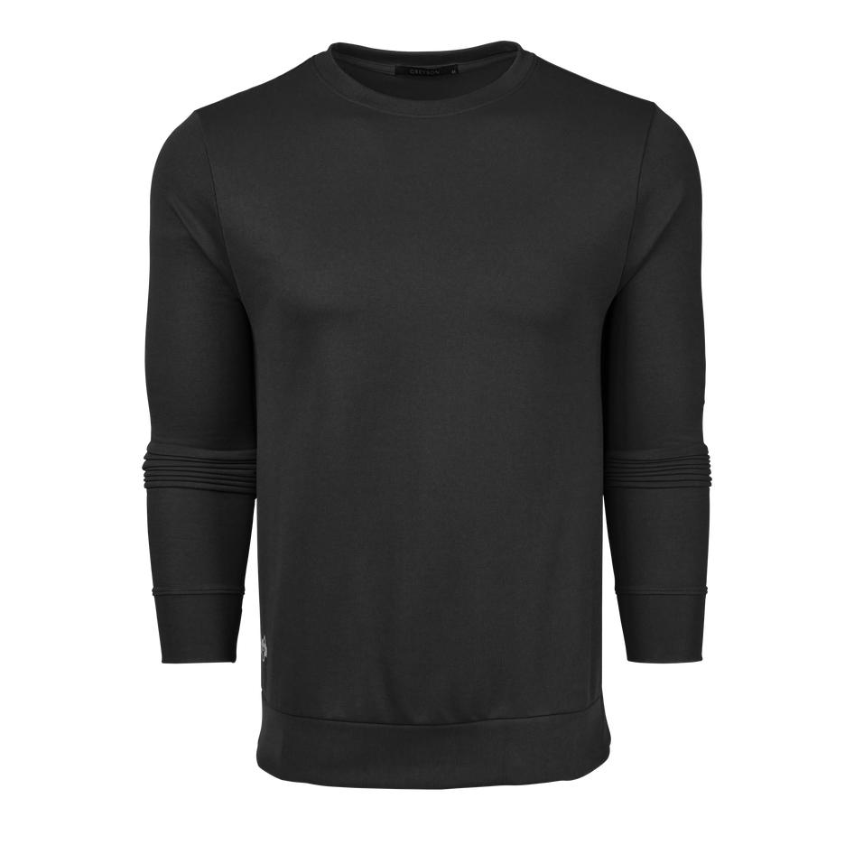Black Siasconset Crewneck Pullover - Front View, Ribbed Cuff Detail, Lightweight Fleece | Greyson Clothiers