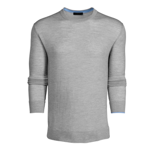 Grey Marl Merino Crewneck Sweater - Blue Tipping Detail Front View | Greyson Clothiers