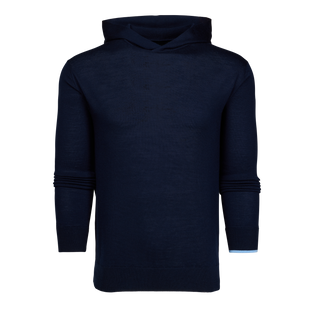 Navy Saratoga Sweater Hoodie, Light Blue Contrast Cuff Detail - Front View, Men's Premium Golf Layer | Greyson Clothiers
