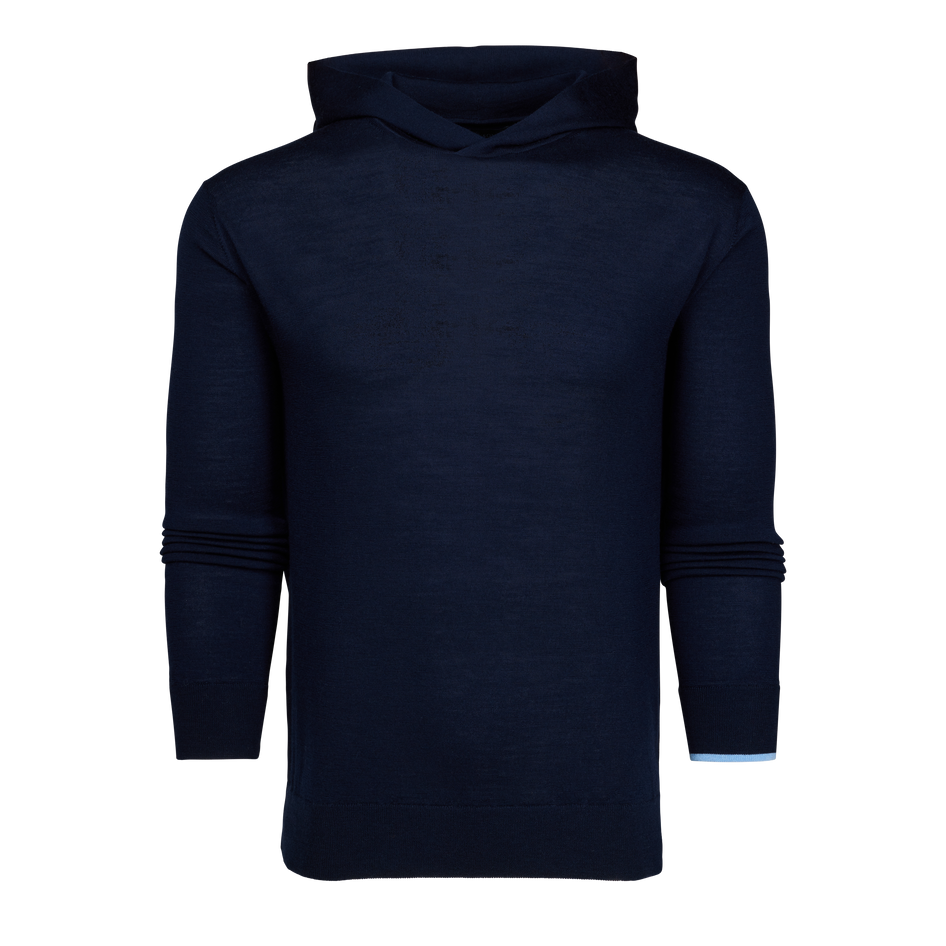 Navy Saratoga Sweater Hoodie, Light Blue Contrast Cuff Detail - Front View, Men's Premium Golf Layer | Greyson Clothiers