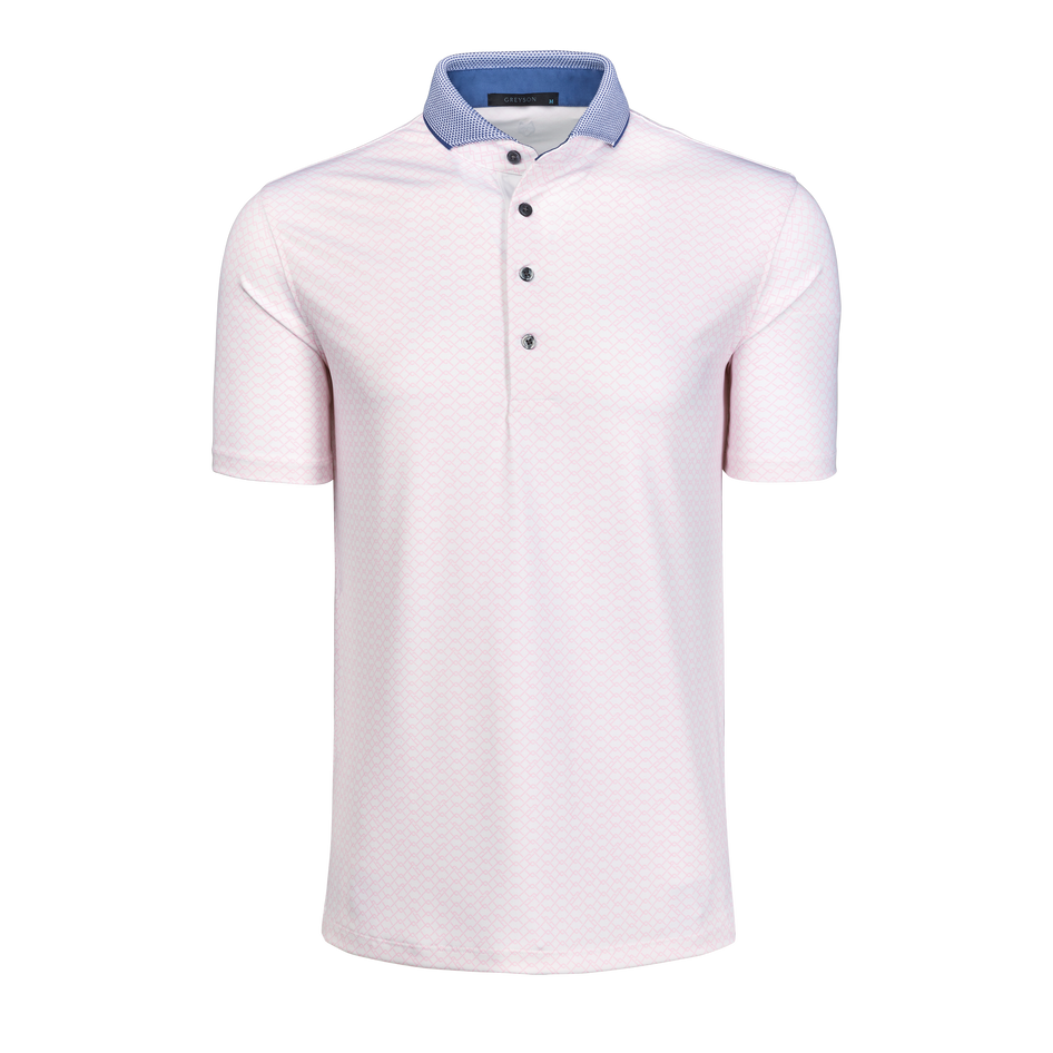 Pink Jacquard Men's Premium Golf Polo - Contrast Blue Collar, Front View | Greyson Clothiers