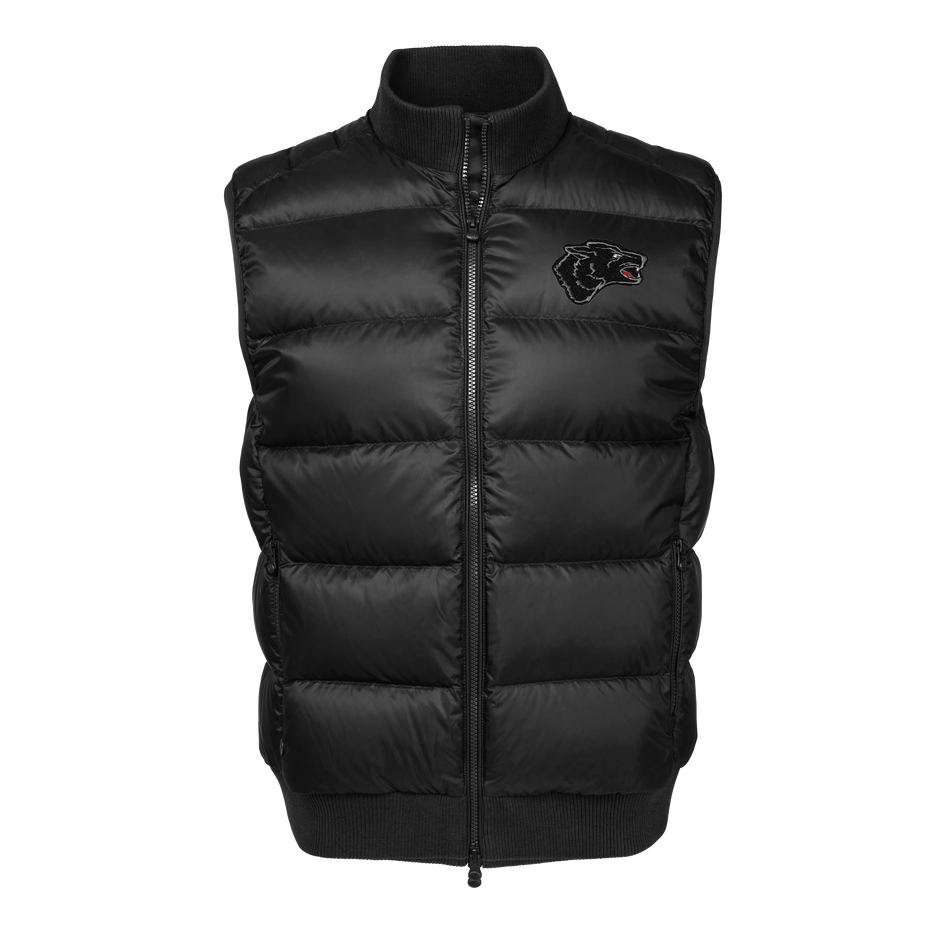 Black Quilted Cody Down Vest Front View with Wolf Patch - Men's Premium Golf Vest | Greyson Clothiers