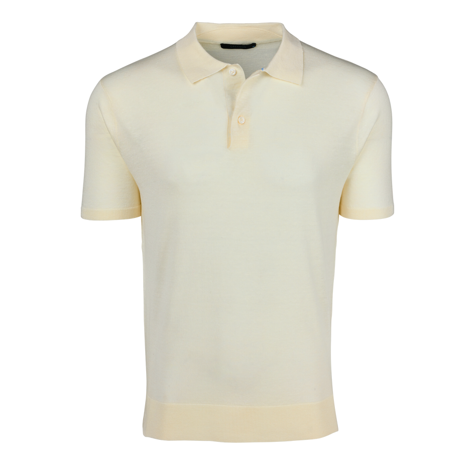 Dune Merino Wool Linen Napeague Short Sleeve Sweater Polo - Front View | Greyson Clothiers