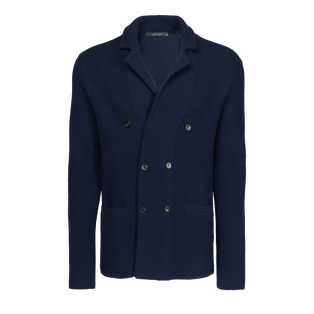 Maltese Blue Merino Wool Men's Double Breasted Cardigan Blazer - Front Flat View | Greyson Clothiers