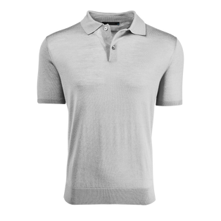 Light Grey Heather Merino Wool Saratoga Short Sleeve Sweater Polo - Front View | Greyson Clothiers