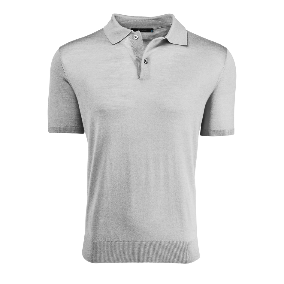 Light Grey Heather Merino Wool Saratoga Short Sleeve Sweater Polo - Front View | Greyson Clothiers