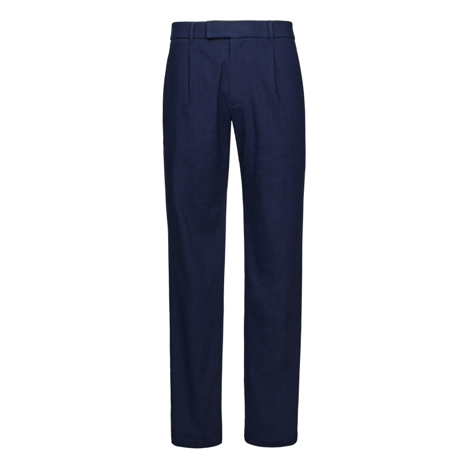 Maltese Blue Linen Blend Gaston Pleated Trouser - Front View | Greyson Clothiers