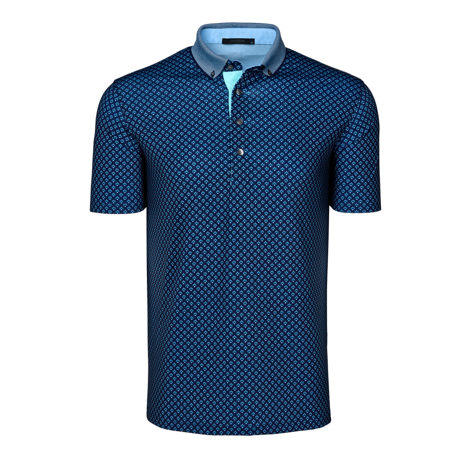 Maltese Blue Floral Crest Print Angels Crest Men's Golf Polo - Front View, Contrast Collar | Greyson Clothiers