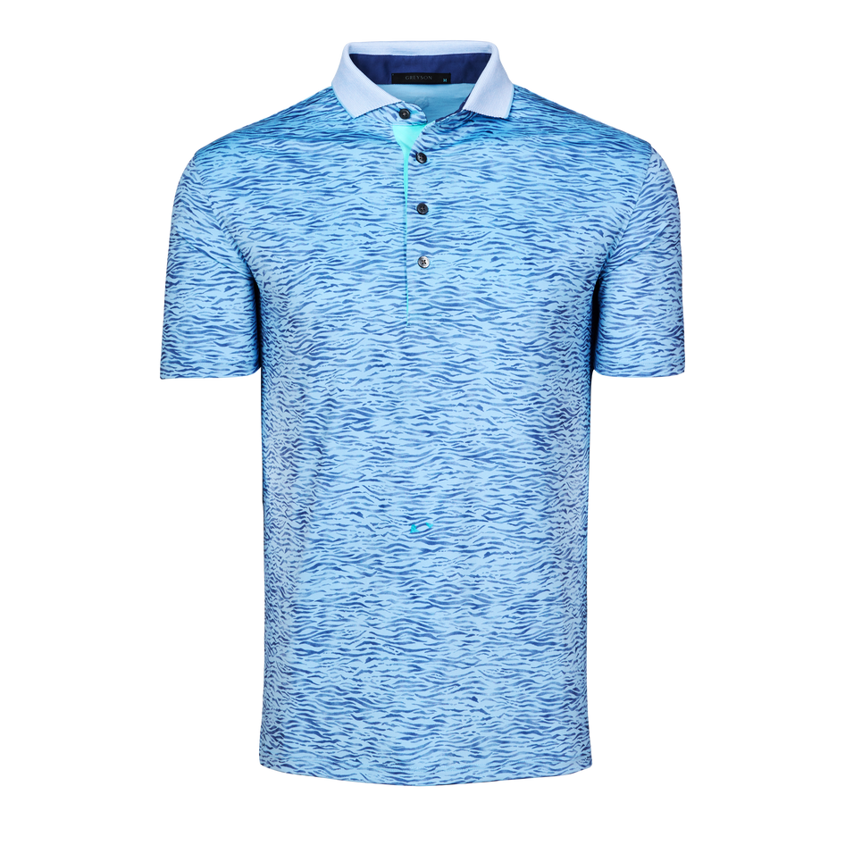 Wolf Blue Wave Print Deep Water Short Sleeve Golf Polo - Front View | Greyson Clothiers