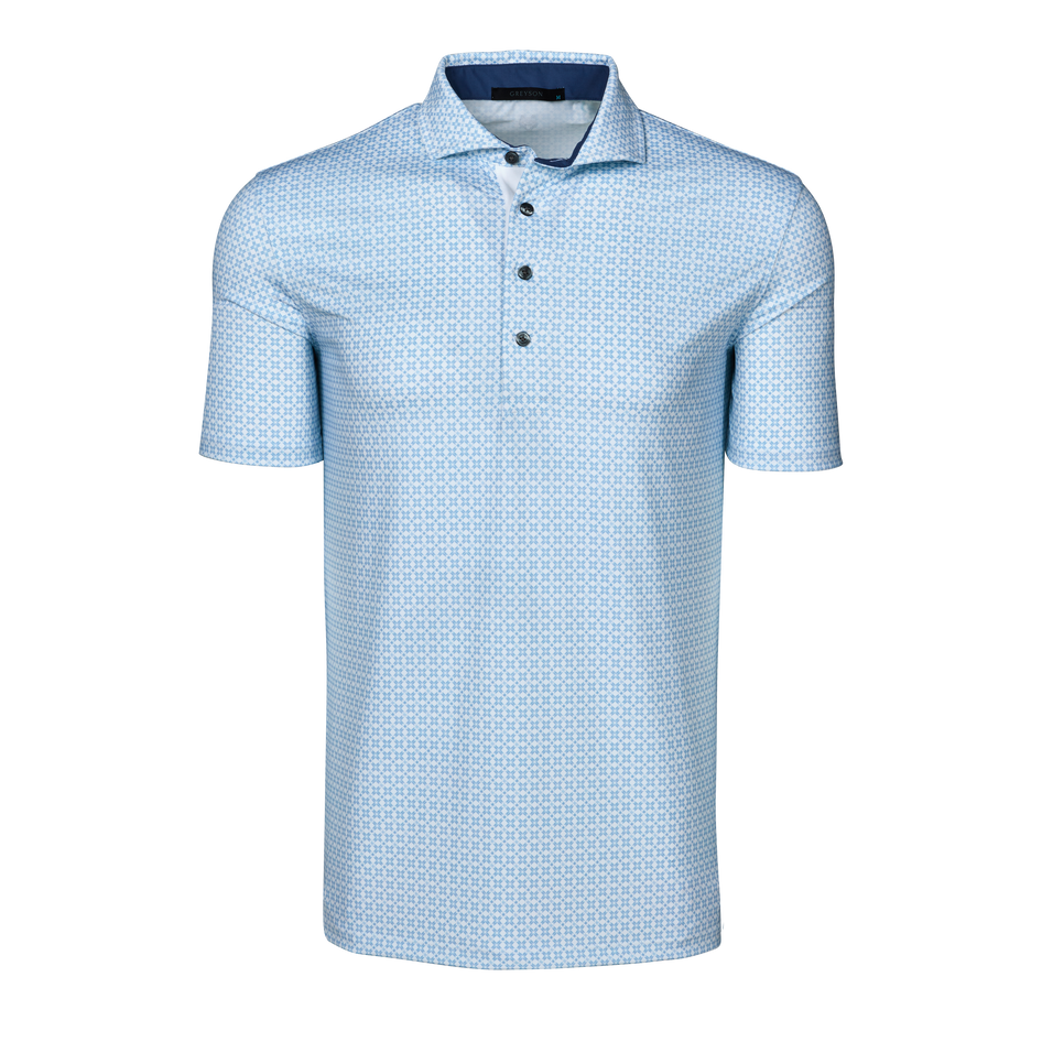 Maltese Blue Ghost Thistle Short Sleeve Golf Polo - Front View, Spread Collar | Greyson Clothiers