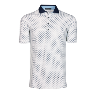Arctic White G Squared Short Sleeve Golf Polo - Navy Contrast Collar, Monogram Print - Front View | Greyson Clothiers