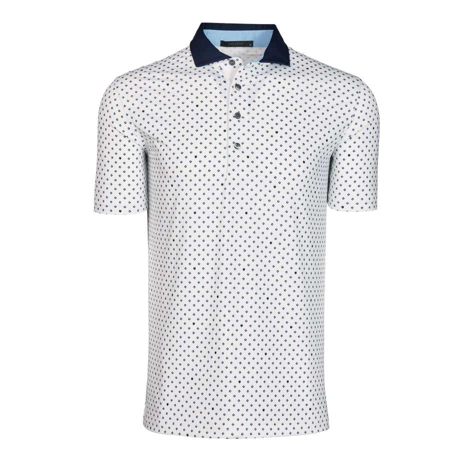Arctic White G Squared Short Sleeve Golf Polo - Navy Contrast Collar, Monogram Print - Front View | Greyson Clothiers