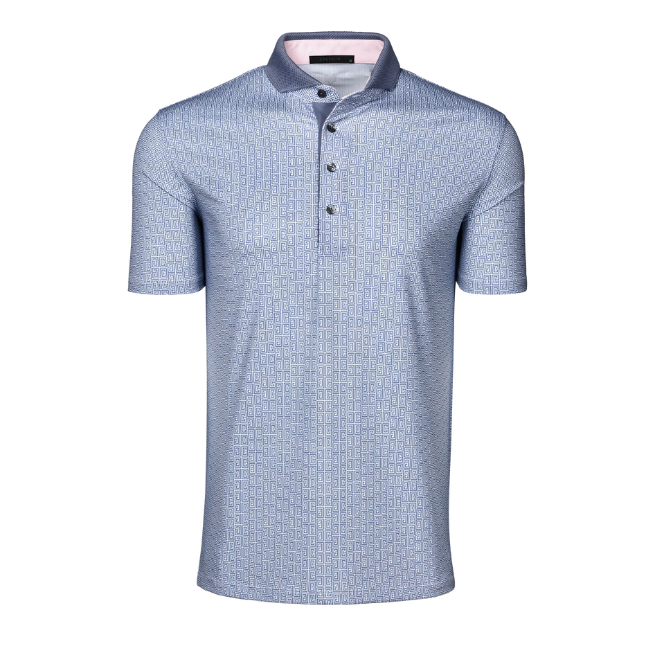 Wolf Blue Pathfinder Short Sleeve Polo Greek Key Print - Front View | Greyson Clothiers