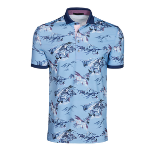 Wolf Blue Toile Landscape Print Short Sleeve Golf Polo - Front View, Contrast Navy Collar | Greyson Clothiers