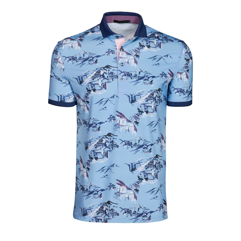 Wolf Blue Toile Landscape Print Short Sleeve Golf Polo - Front View, Contrast Navy Collar | Greyson Clothiers