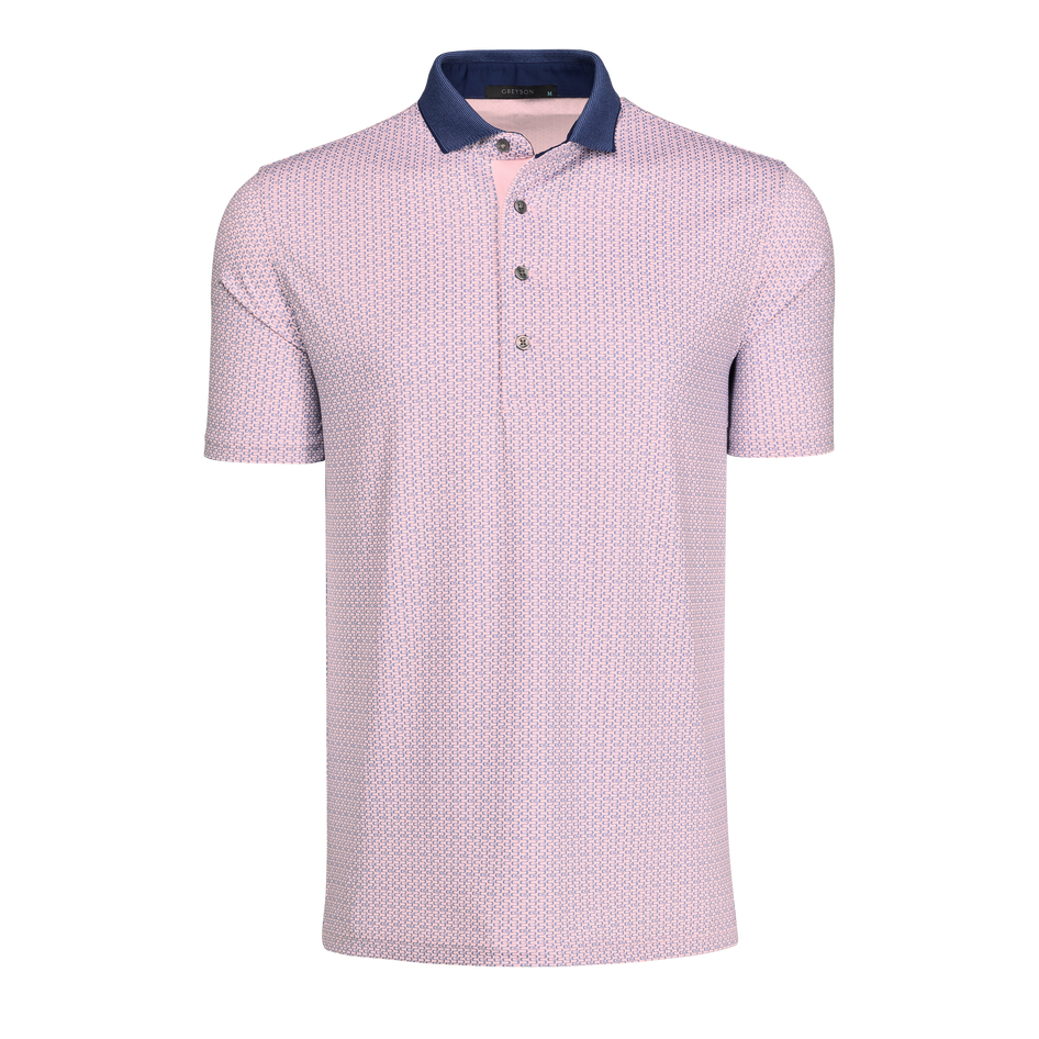 Pink Sky Iron Serpent Men's Performance Golf Polo - Front View, Contrast Navy Collar | Greyson Clothiers