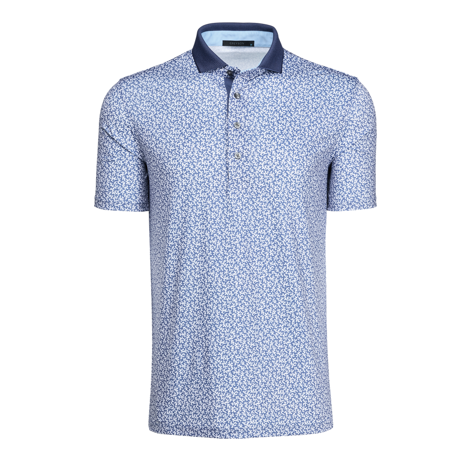 Blue Floral Printed Performance Men's Golf Polo, Contrast Collar - Front View | Greyson Clothiers