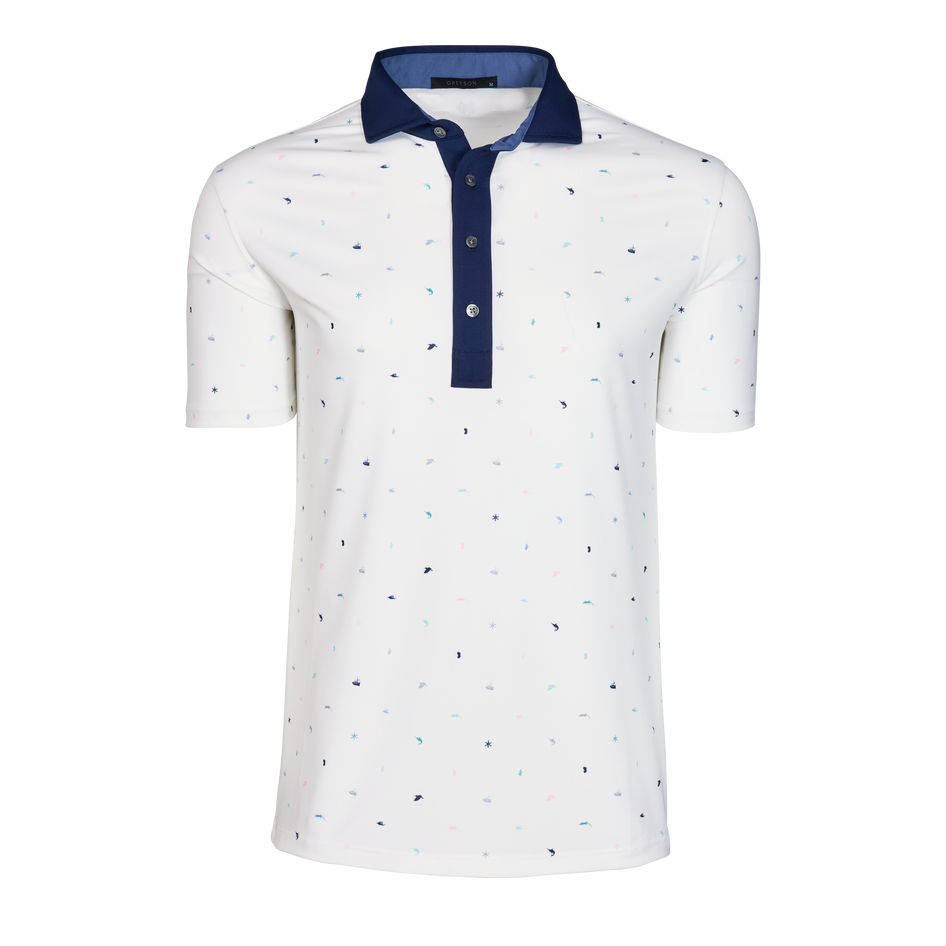 Arctic Spirit Of Mallorca Printed Performance Golf Polo - Navy Contrast Collar Front View | Greyson Clothiers