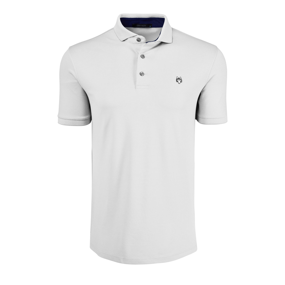 Arctic Wolf Icon Short Sleeve Golf Polo - Front View, Wolf Logo, Navy Contrast Collar | Greyson Clothiers