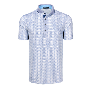 Greyson Clothiers Echo Falls Short Sleeve Polo - White Blue Geometric Print, Front View | Greyson Clothiers