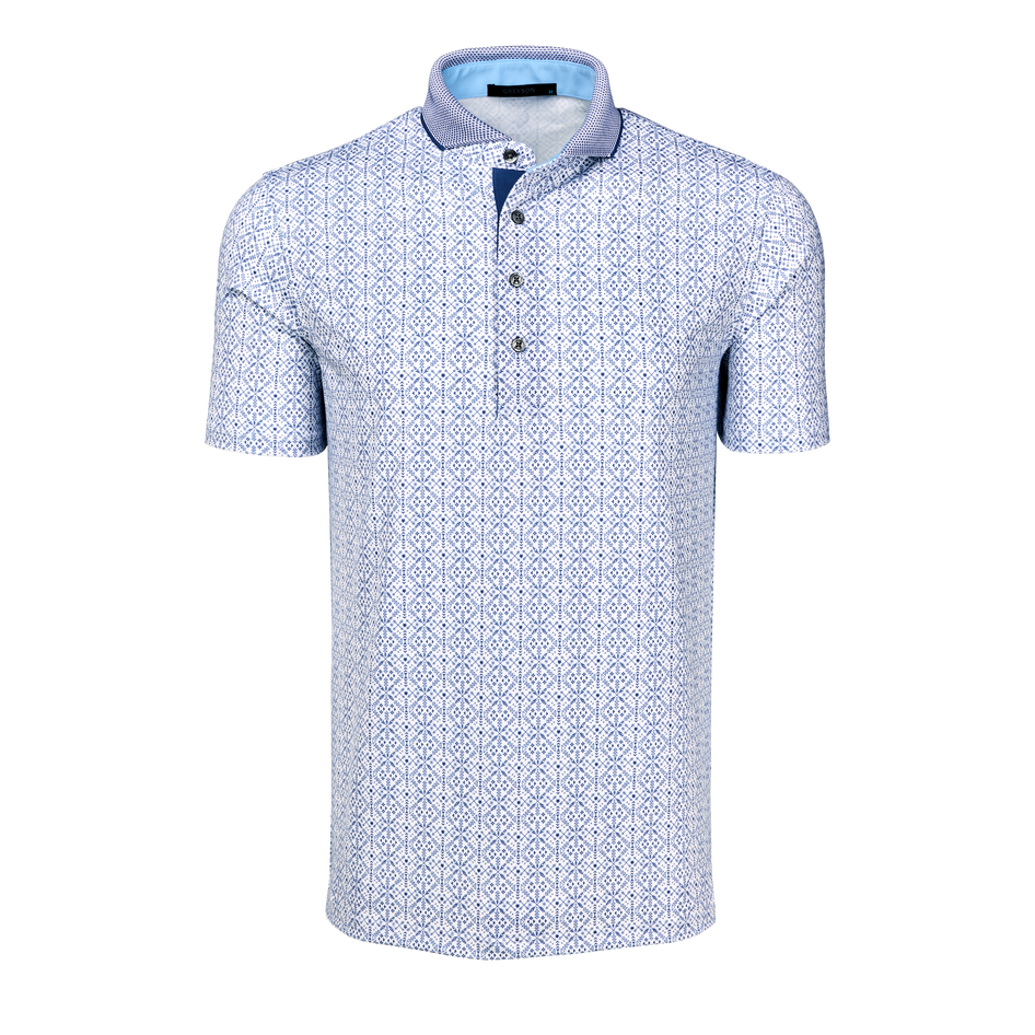 Greyson Clothiers Echo Falls Short Sleeve Polo - White Blue Geometric Print, Front View | Greyson Clothiers