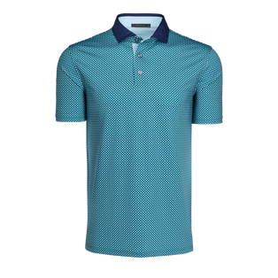 Grove Ironwood Short Sleeve Polo - Teal Tonal Print, Navy Contrast Collar, Front View | Greyson Clothiers