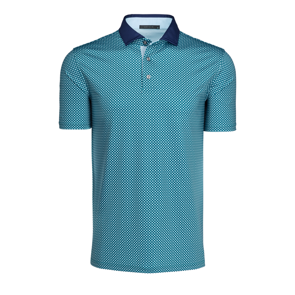 Grove Ironwood Short Sleeve Polo - Teal Tonal Print, Navy Contrast Collar, Front View | Greyson Clothiers