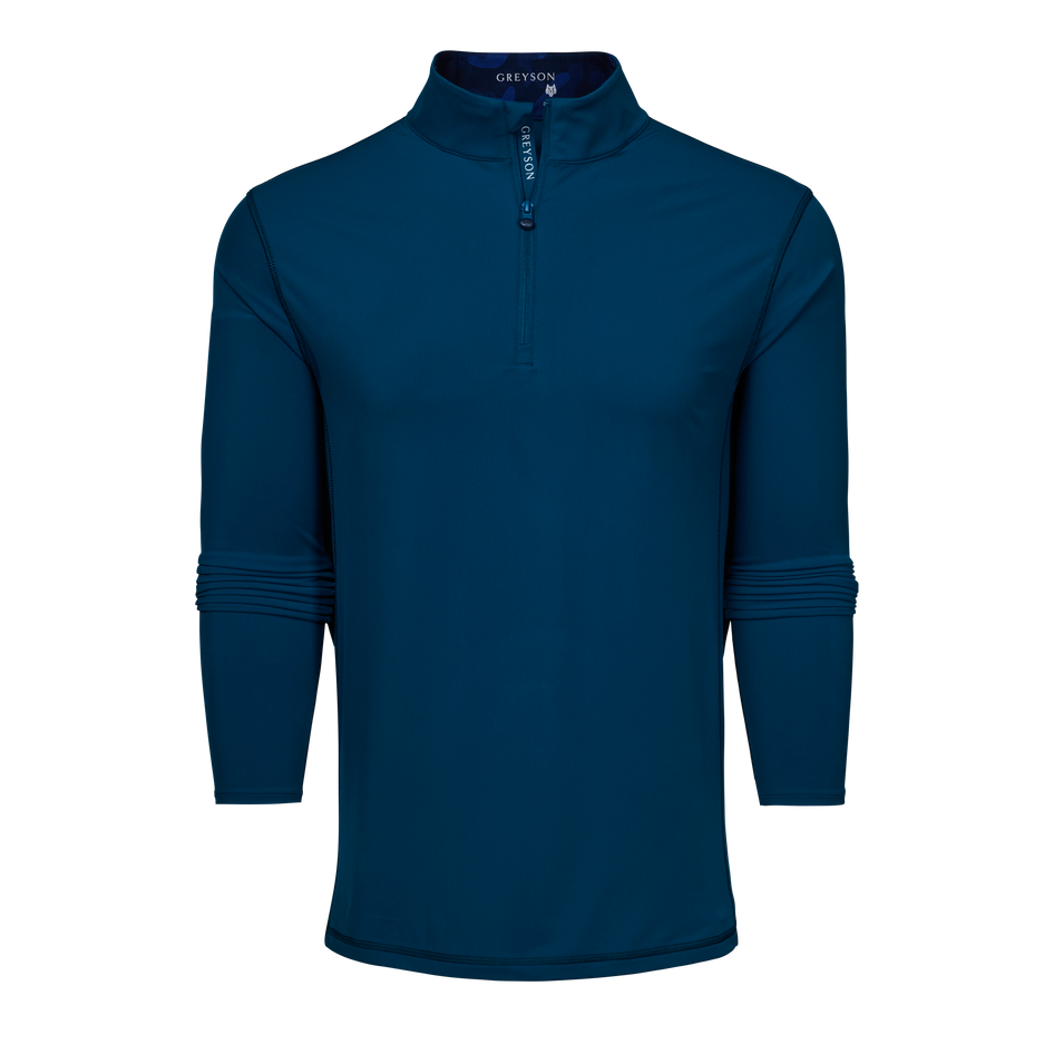Teal Men's Golf Quarter-Zip Midlayer - Front View, Ribbed Cuffs & Wolf Logo Zipper Pull | Greyson Clothiers