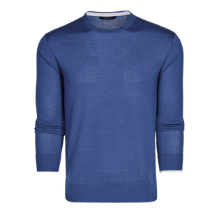 Blue Saratoga Crewneck Sweater with White Contrast Trim - Front View | Greyson Clothiers