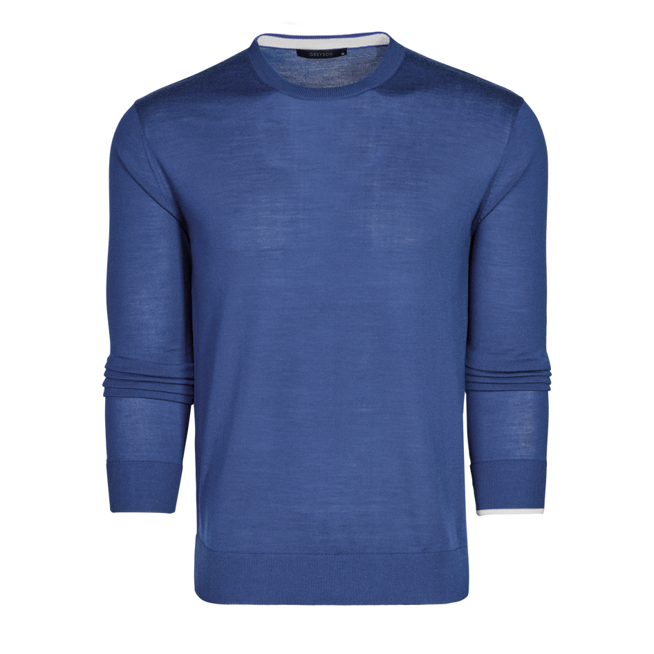 Blue Saratoga Crewneck Sweater with White Contrast Trim - Front View | Greyson Clothiers
