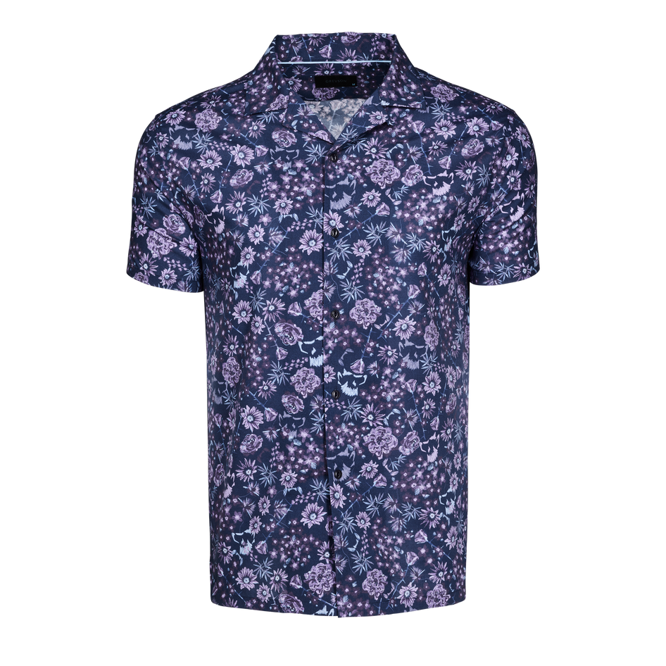 Maltese Blue Floral Print Men's Camp Collar Shirt - Front View | Greyson Clothiers